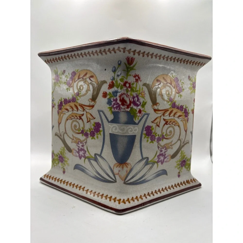Vintage French Floral Ceramic Diamond Planter Vase Crackle Glaze Shabby Chic